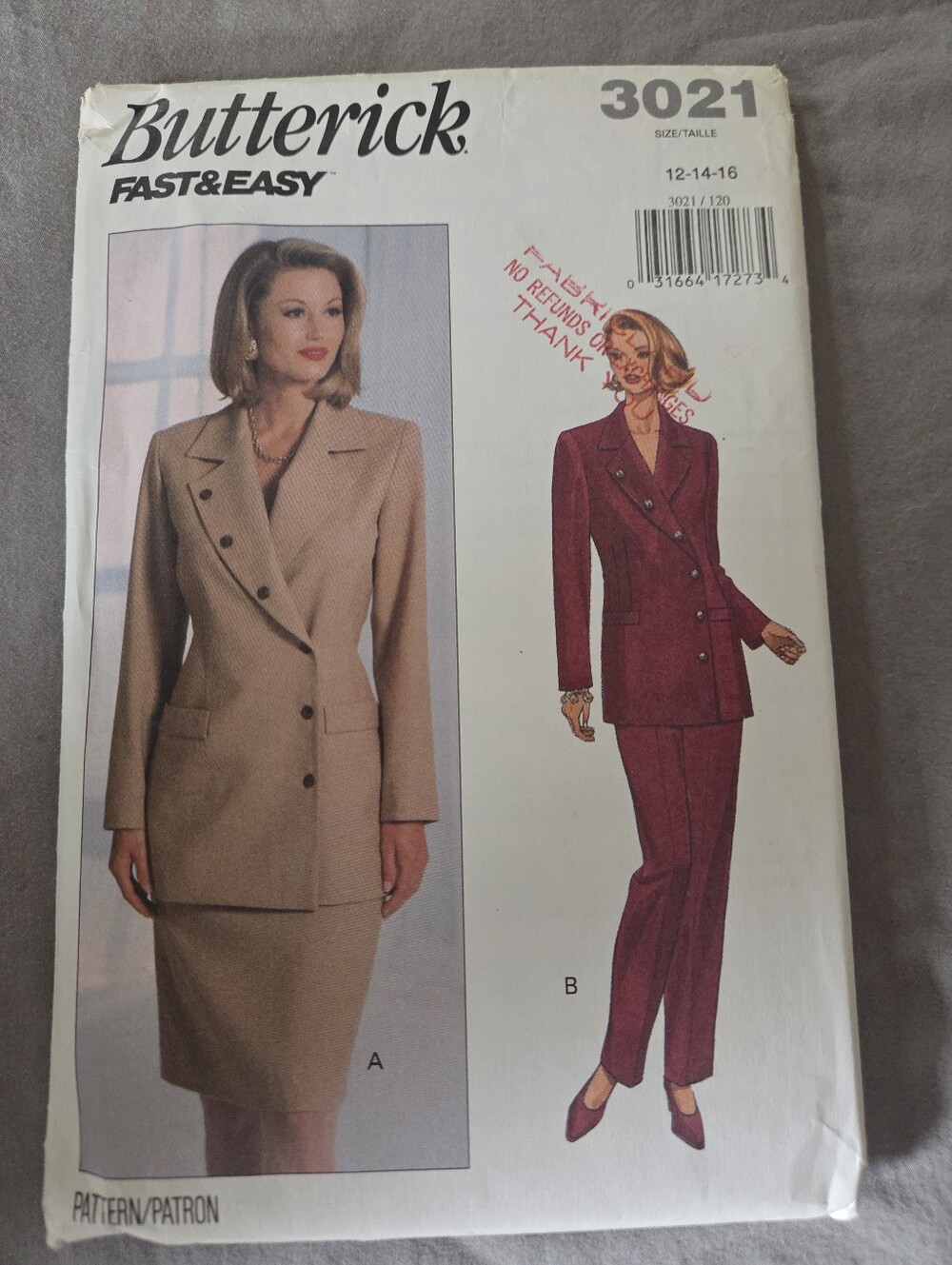 Butterick 3021 Sewing Pattern Size 12-14-16